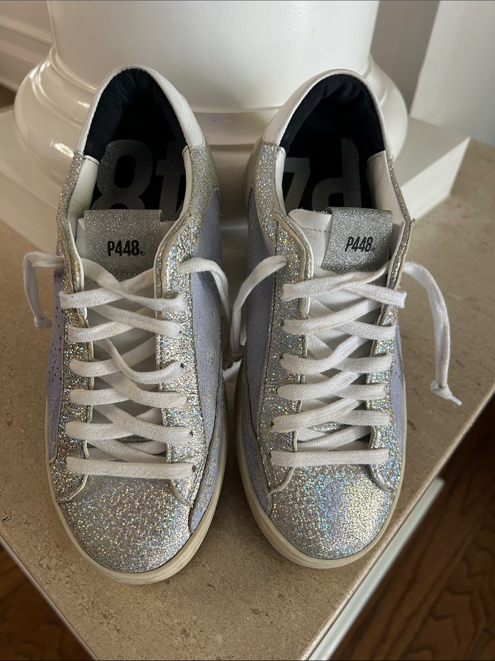 P448 Women's Iridescent Silver Glitter & Light Periwinkle Low-Top Sneakers - Picture 2 of 5